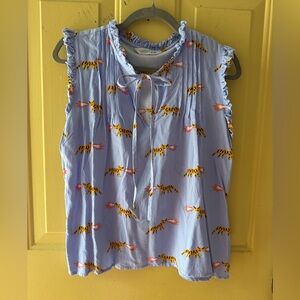 Compania Fantastica Sleeveless Ruffle Tie-Neck Tiger Print Top - Periwinkle